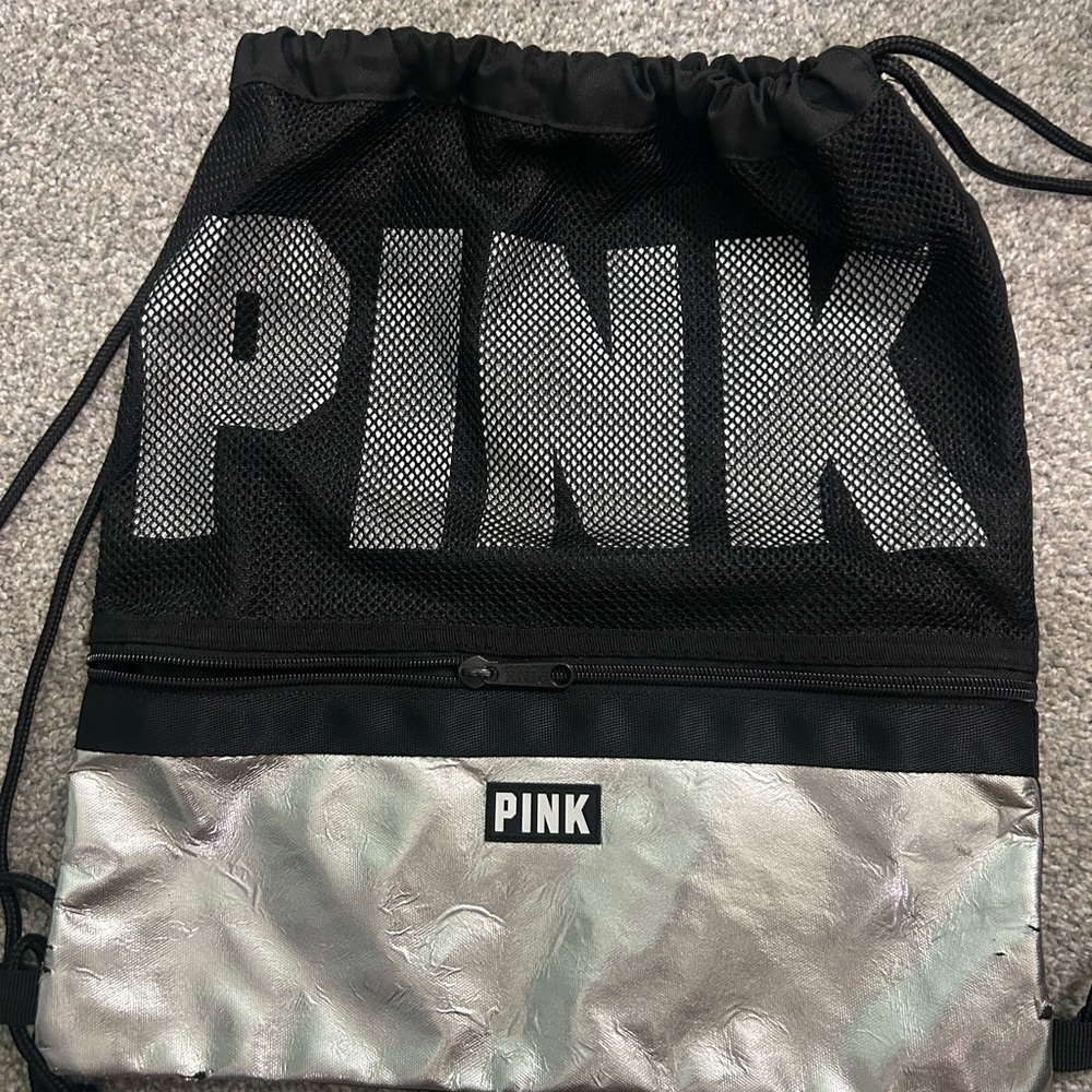 Pink Black and Silver Drawstring Bag